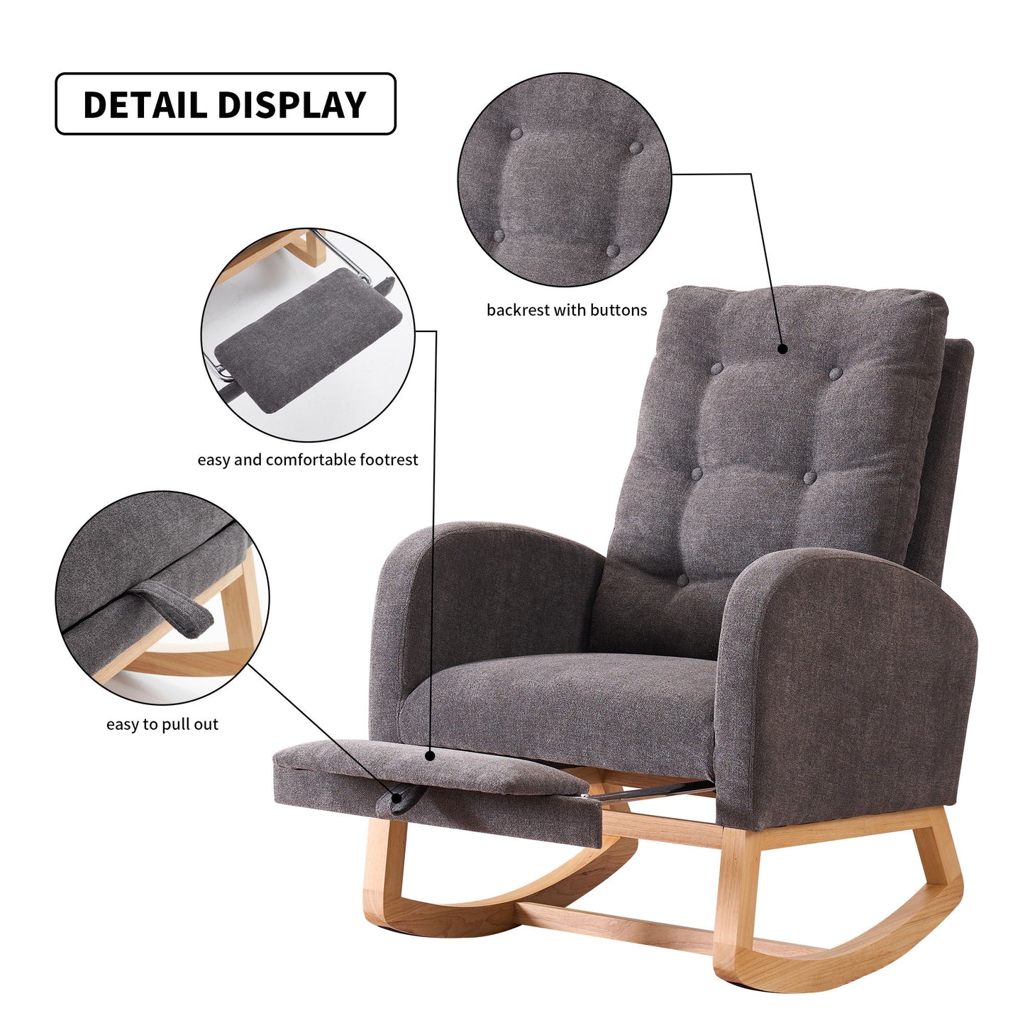 Accent Rocking Chair With Footrest High Back Rubber Wood Rocking Legs Bedroom Living Space