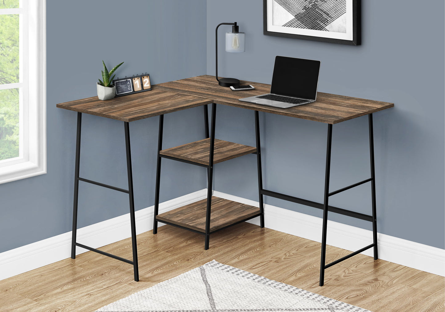 Computer Desk, Home Office, Corner, Storage Shelves, L-Shape, Work, Laptop, Contemporary, Modern - Brown