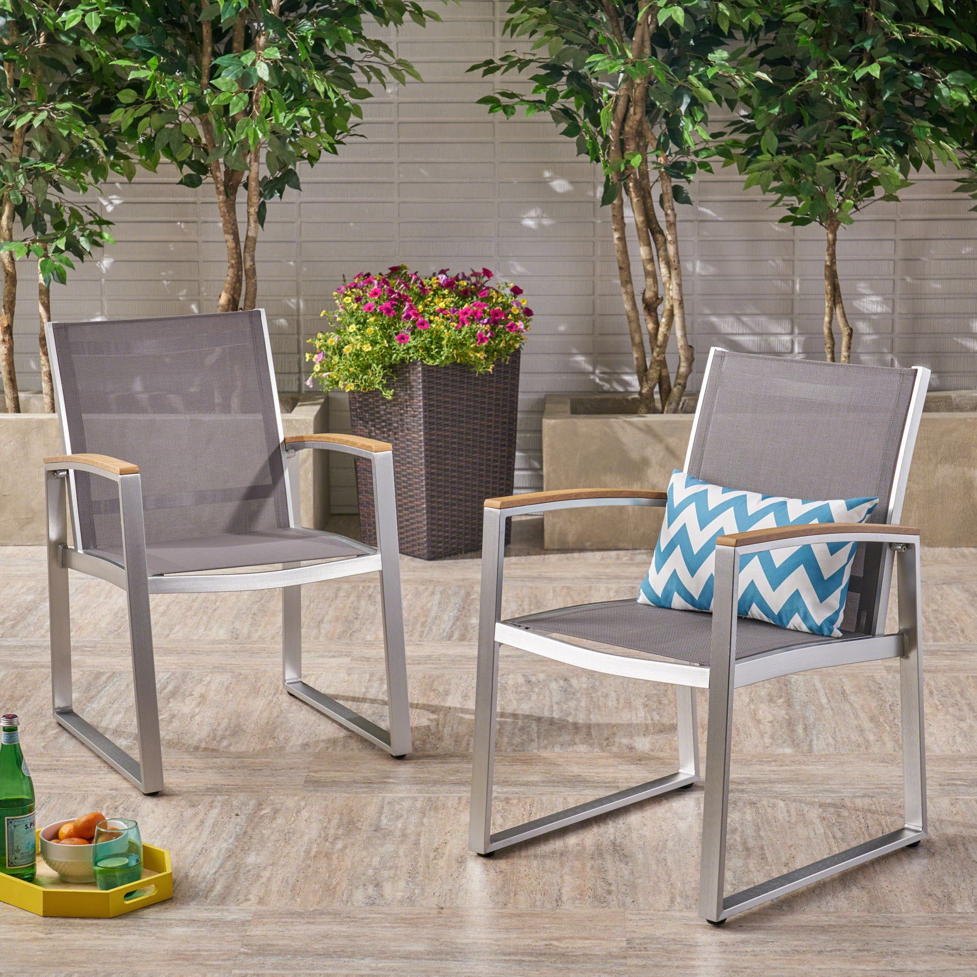 Poetic - Outdoor Dining Chair With Faux Wood Arms And Aluminum Frame (Set of 2) - Gray Noble House
