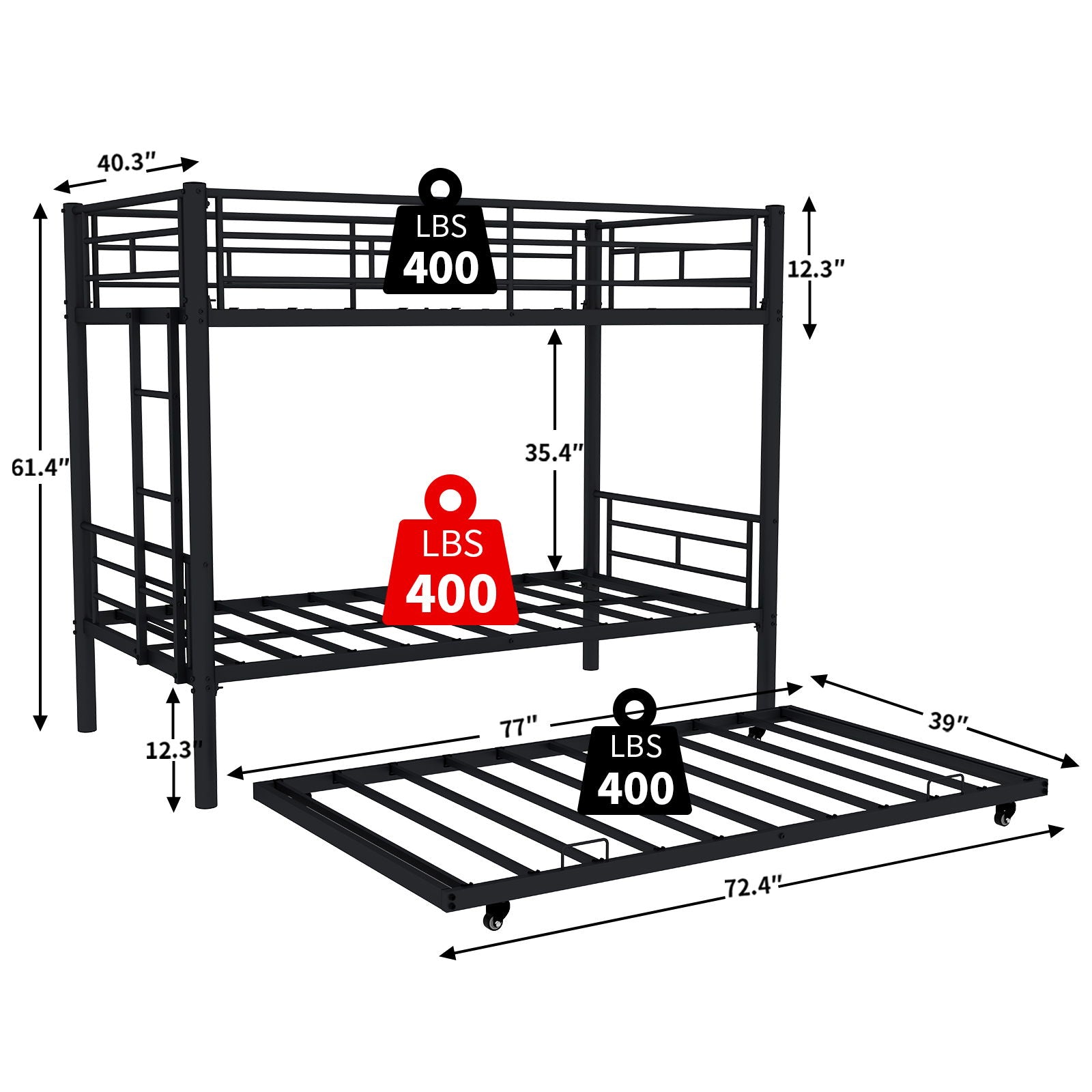 Metal Bunk Bed For Kids, Convertible Bedframe With Ladders & Guardrail Home Essentials