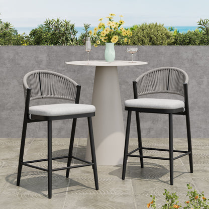 Outdoor 26" Counter Height Metal Frame Counter Stools With Scallop Shaped Backrest & Water Resistant Cushions Noble House