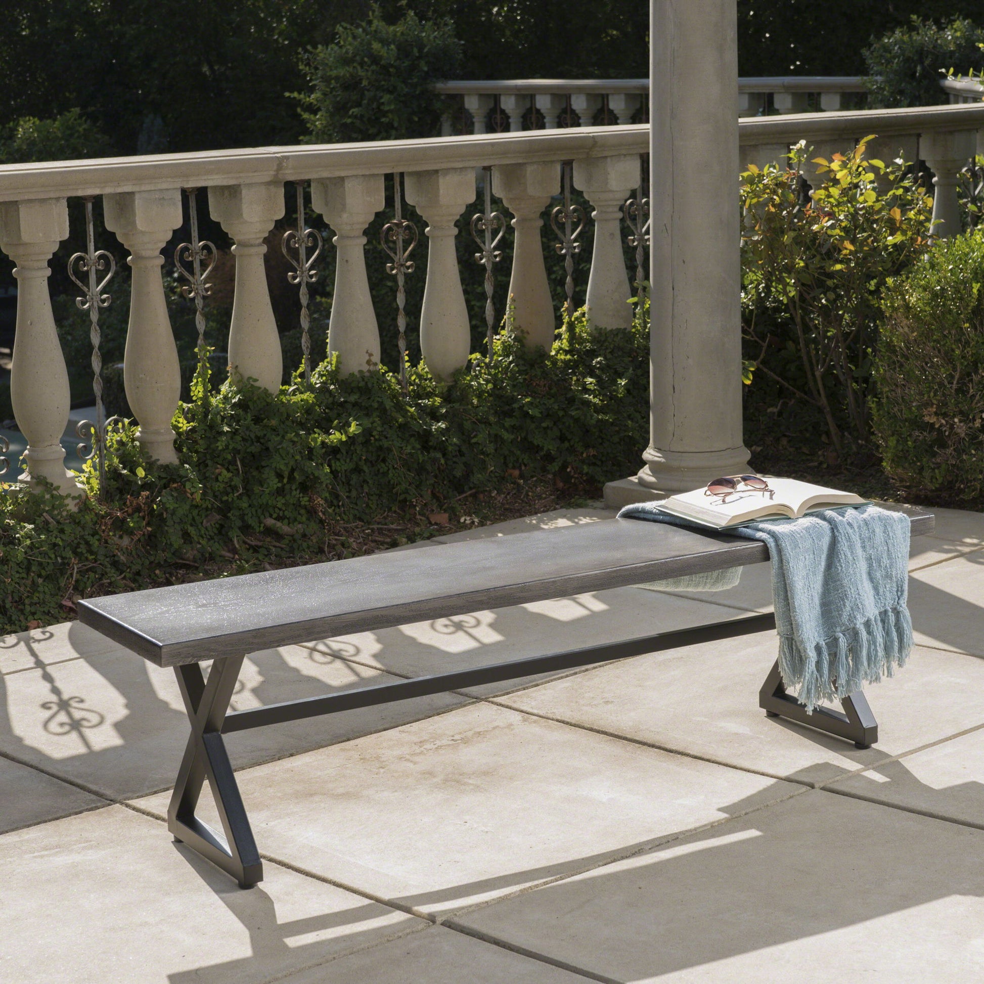 Modern Aluminum Outdoor Dining Bench With X Base Noble House