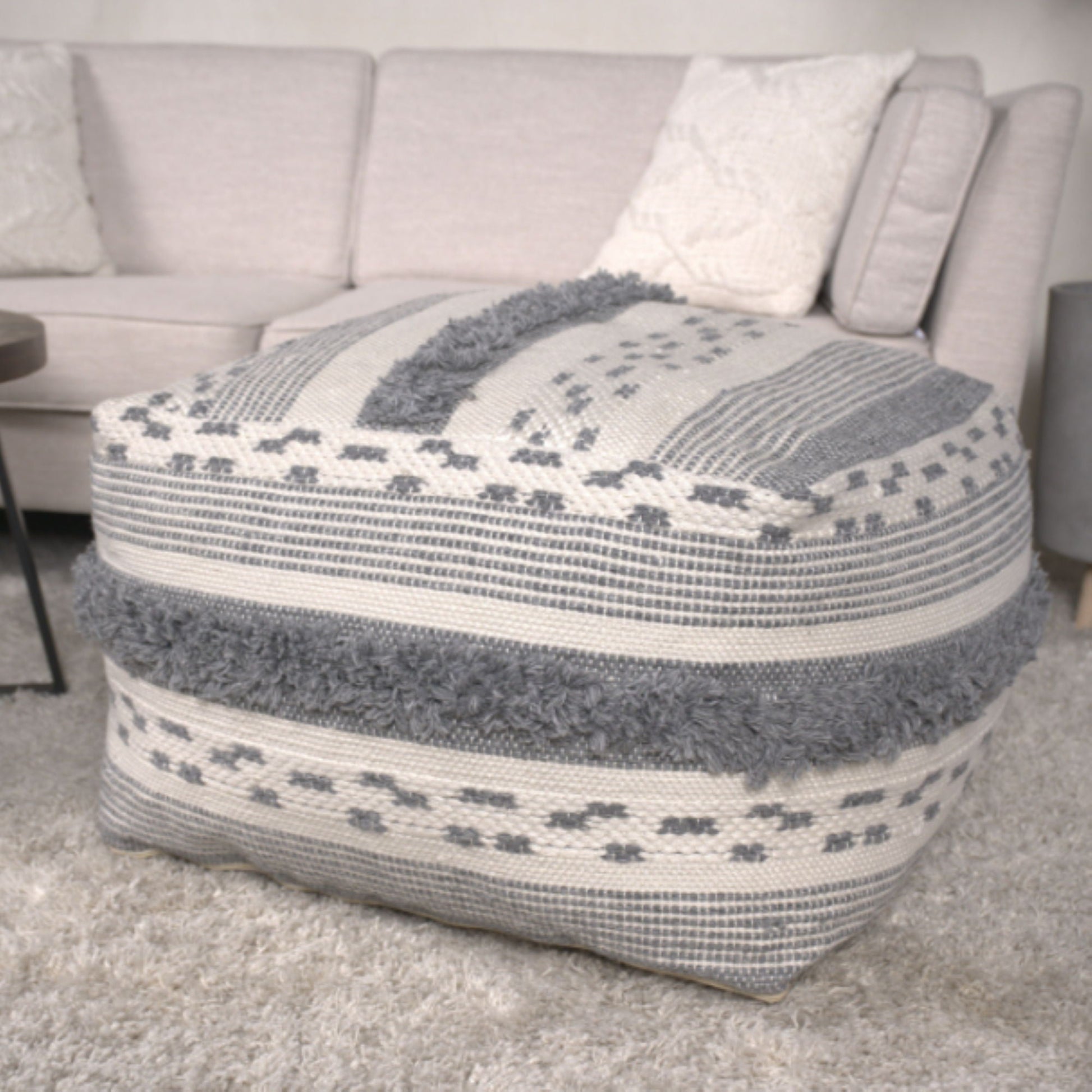 Karim - Faux Yarn Large Pouf, Durable - Ivory / Gray Home Essentials