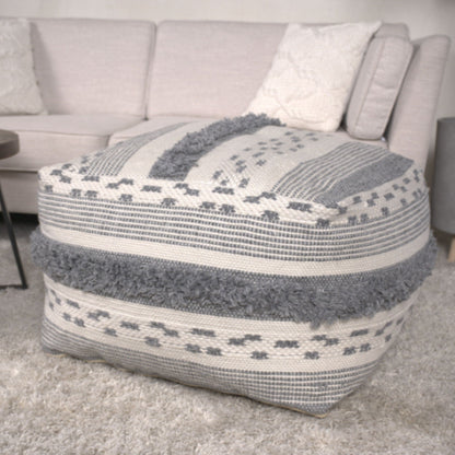 Karim - Faux Yarn Large Pouf, Durable - Ivory / Gray Home Essentials