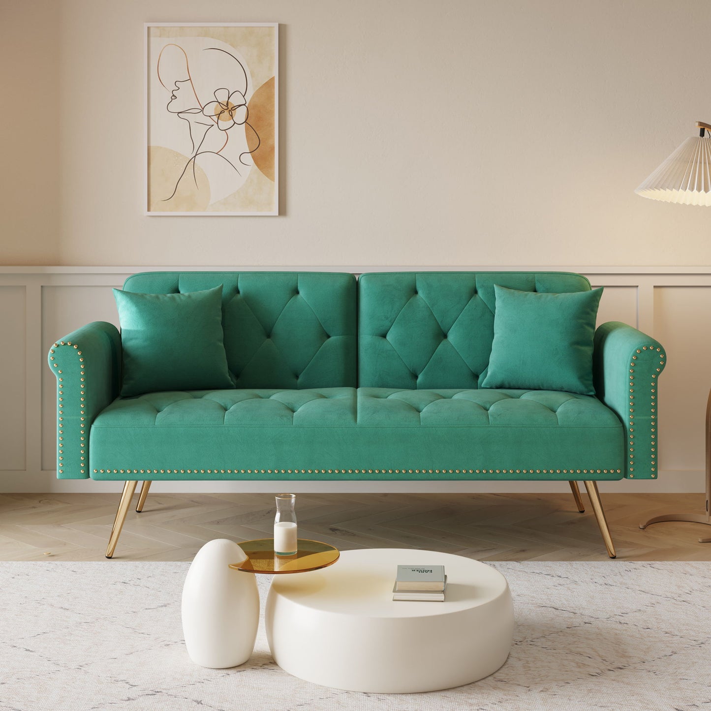 Luxurious Velvet Sofa Bed With Nail Head Trim And Matching Pillow Home Essentials