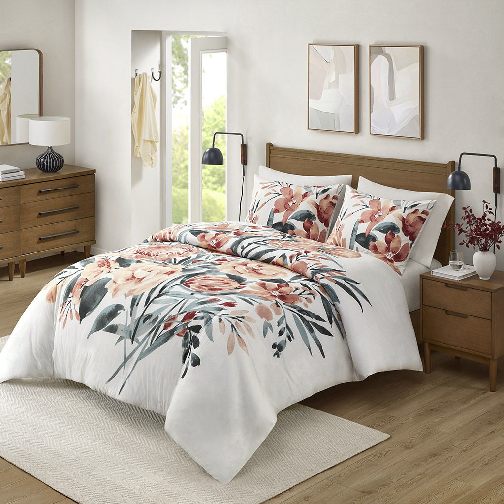 Dahlia - 3 Piece Floral Cotton Duvet Cover Set - Peach