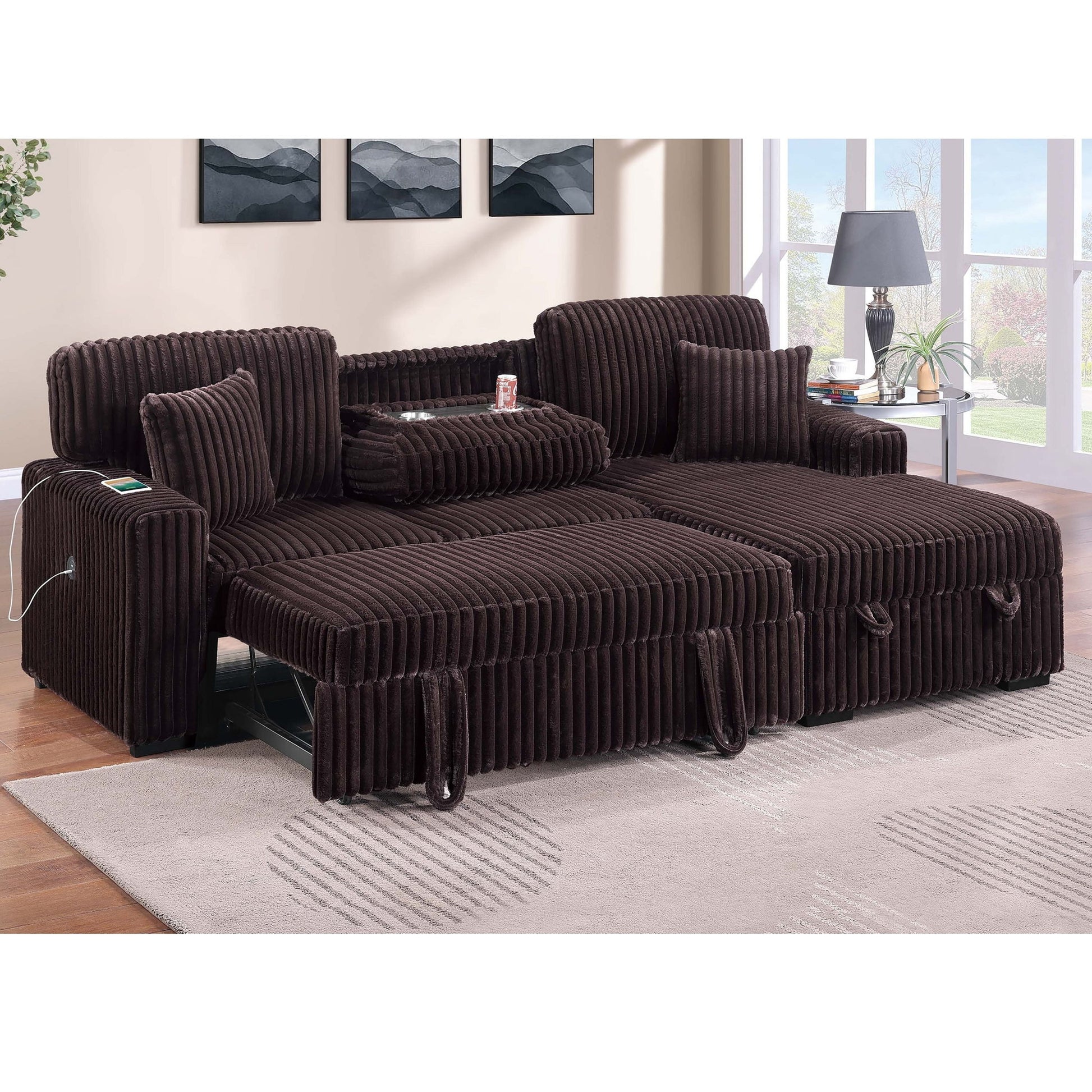 Convertible Sectional Upholstered Sleeper Sofa With Storage Chaise Home Essentials