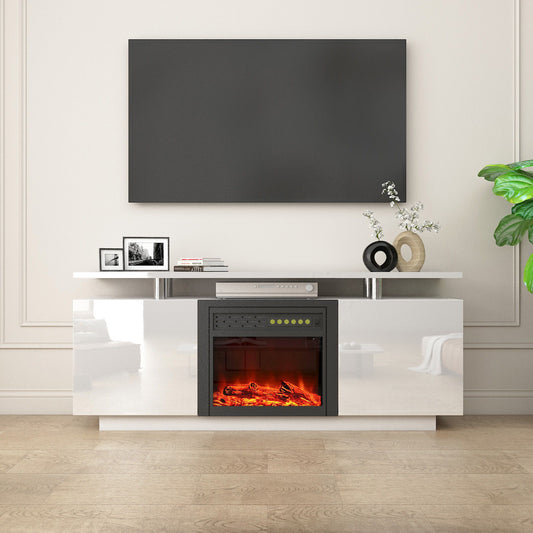 TV Cabinet, TV Unit With Fireplace, Have Heat And Flame Color Changes - White