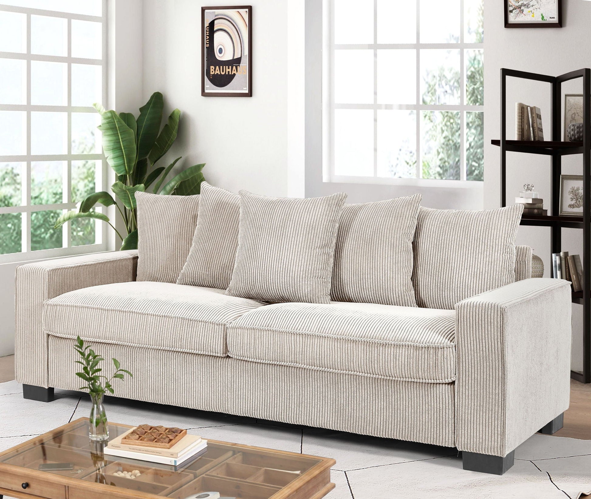 Luxe Corduroy Sofa With 5 Matching Toss Pillows, Sleek Design, Spacious And Comfortable 3 Seater Couch US Pride