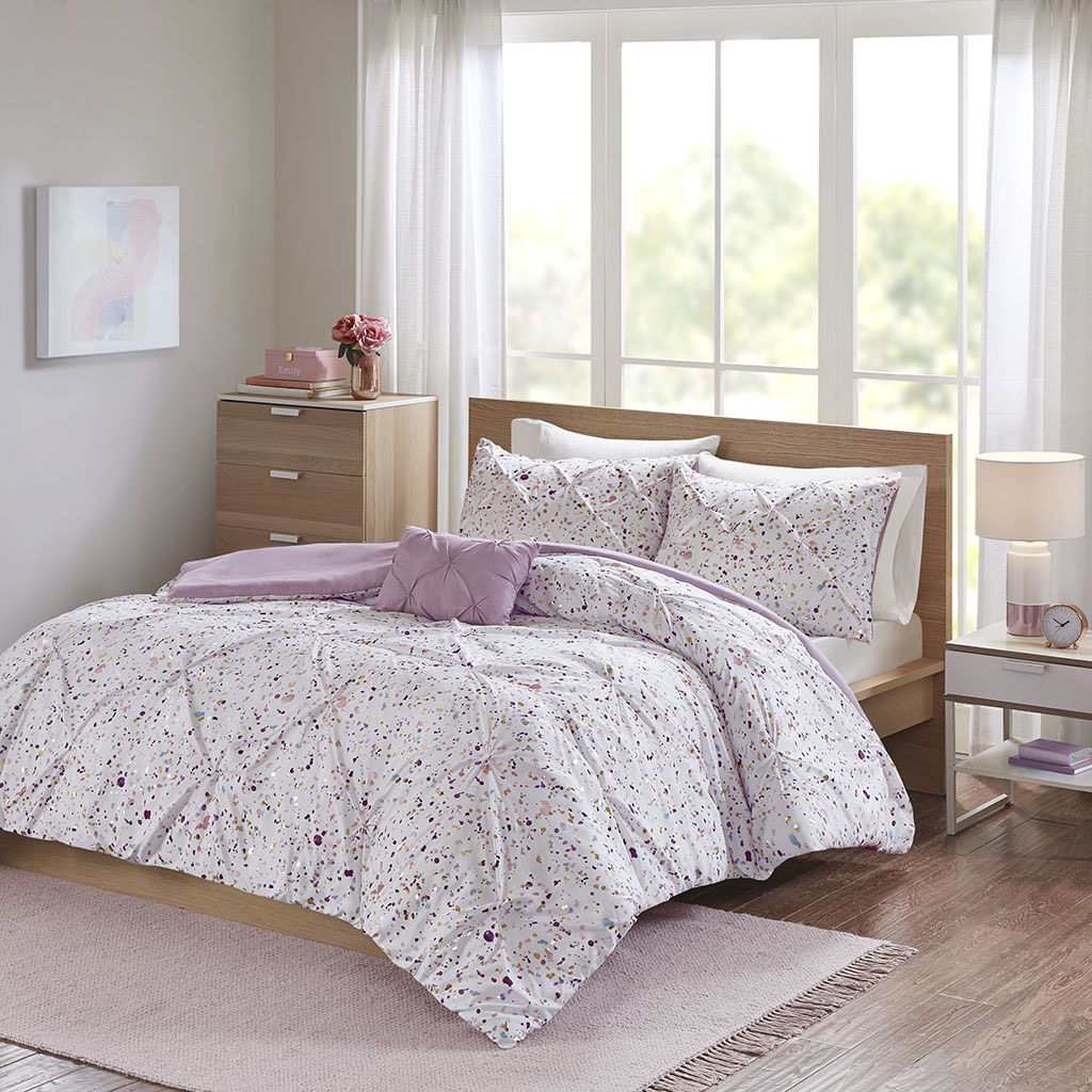 Abby - Metallic Printed and Pintucked Duvet Cover Set - Plum