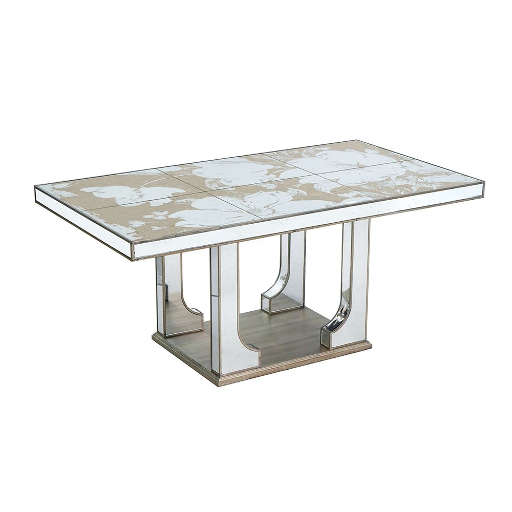 Large Mirrored Dining Table With Elegant Floral Design And - Silver Multi Home Essentials