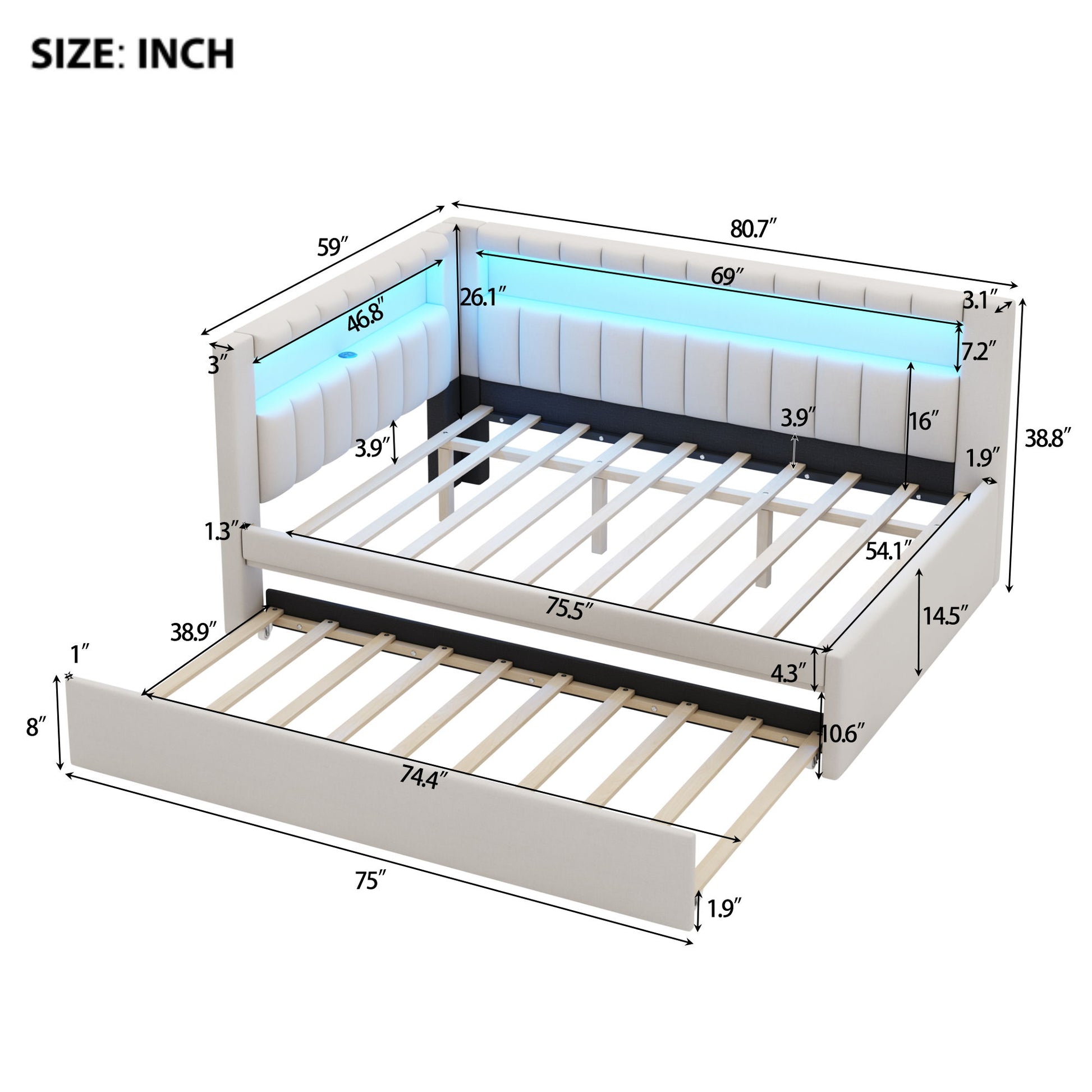 Upholstered Platform Bed With USB Ports And LED Belt Dreamland