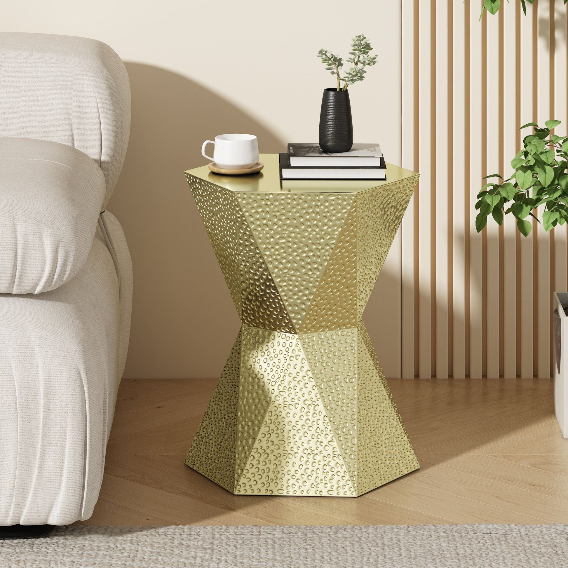 Modern Hexagon Side Table With Knockout Pit Texture - Gold Noble House