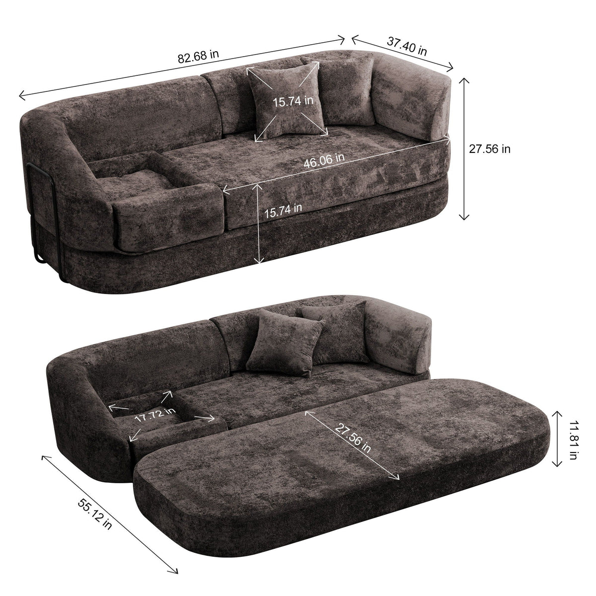 3 Seater Sofa With Built In Pet Bed Nook, Curved Design And 2 Throw Pillows Home Essentials