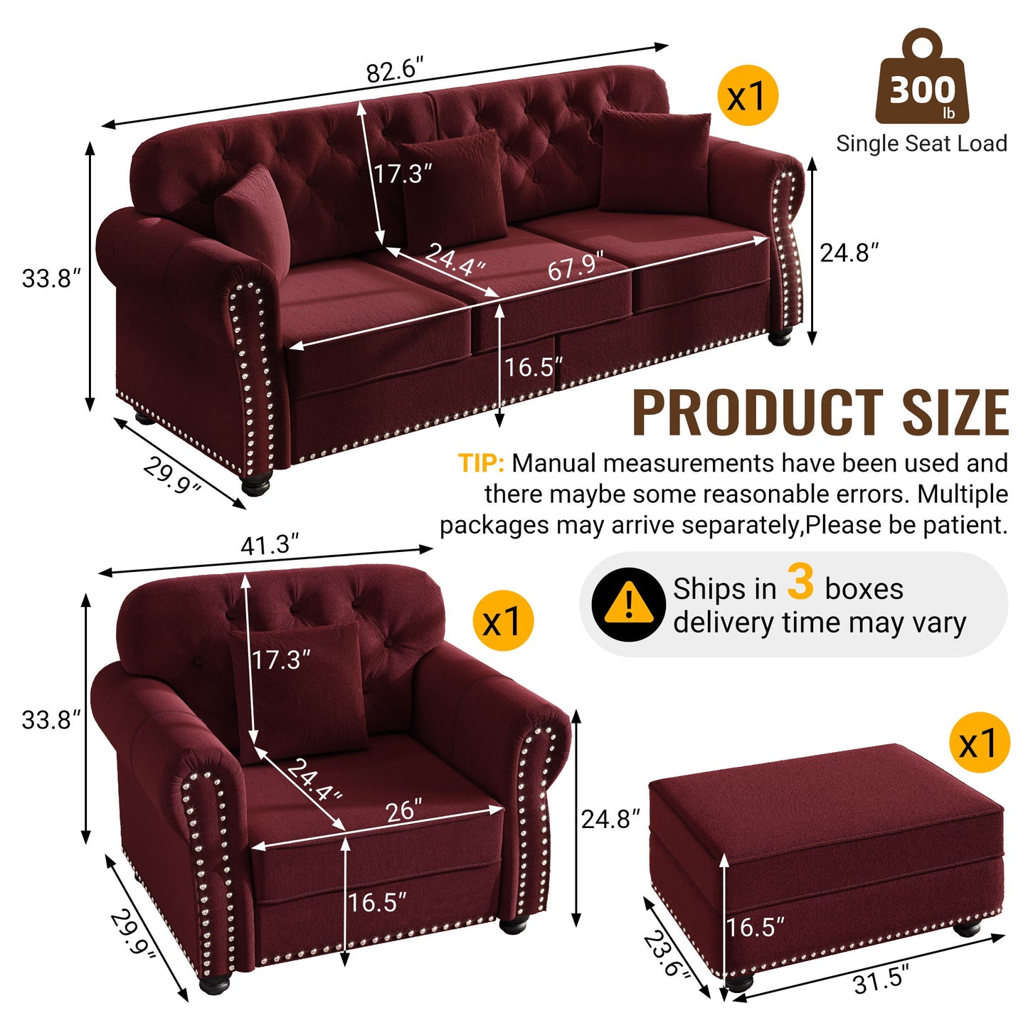 Upholstered Sofa Set With Nailhead Trim And Rolled Armrests, Includes Pillows Home Essentials
