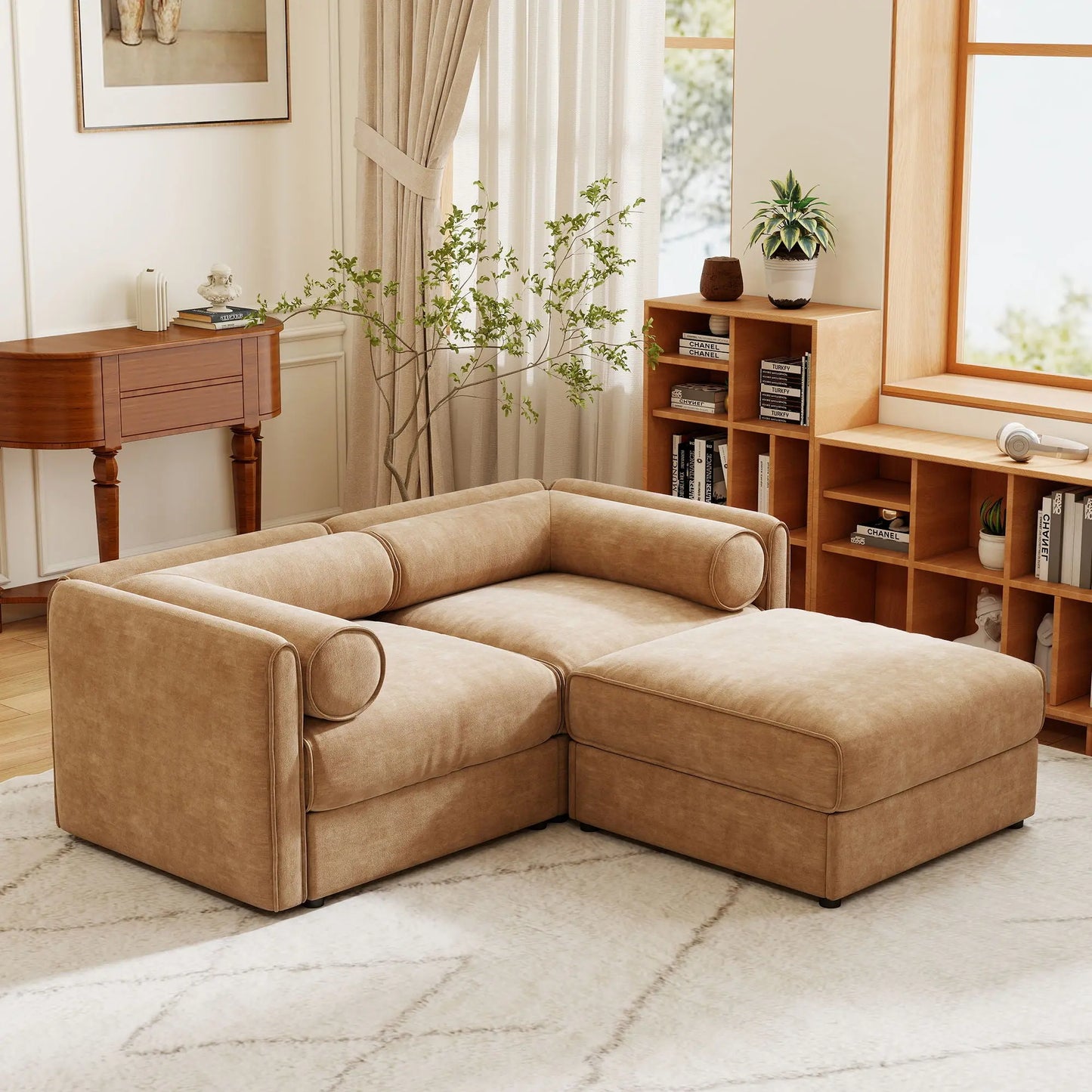 Contemporary Elegant White Chenille Sofa With Storage And Ottoman Home Essentials