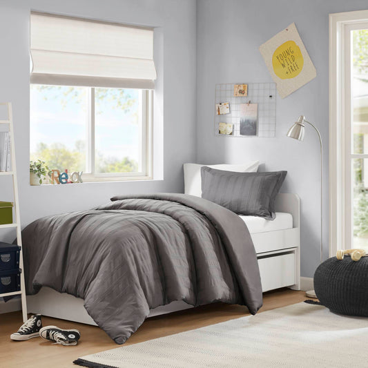 Logan - Twin/Twin Long Striped Duvet Set - Charcoal Super Listing