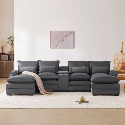 Modern U-Shaped Sofa With Console, Cupholders And USB Ports, 6 Seat Upholstered Symmetrical Indoor Furniture, Sleeper Couch Set With Chaise For Living Room