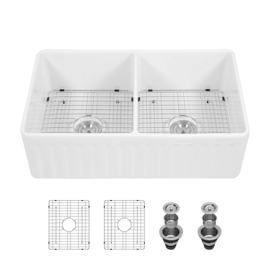 Sink 33" Double Bowl Kitchen Sink With Deep Bowls And Grids - White Daily Nest
