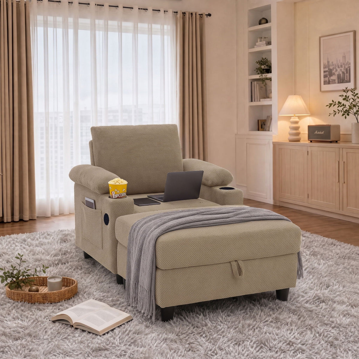 Accent Chair With Storage Ottoman, Reclining Single Chaise Lounge With Cupholders And USB, C Ports Home Essentials