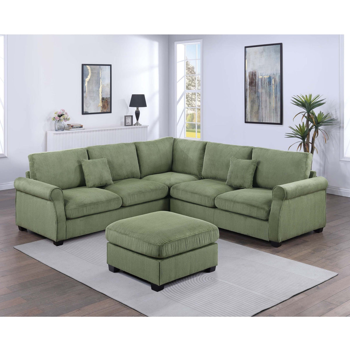 L - Sectional Sofa Set With Corner Wedge And Ottoman, 4 Piece Living Room Furniture - Sage Home Essentials