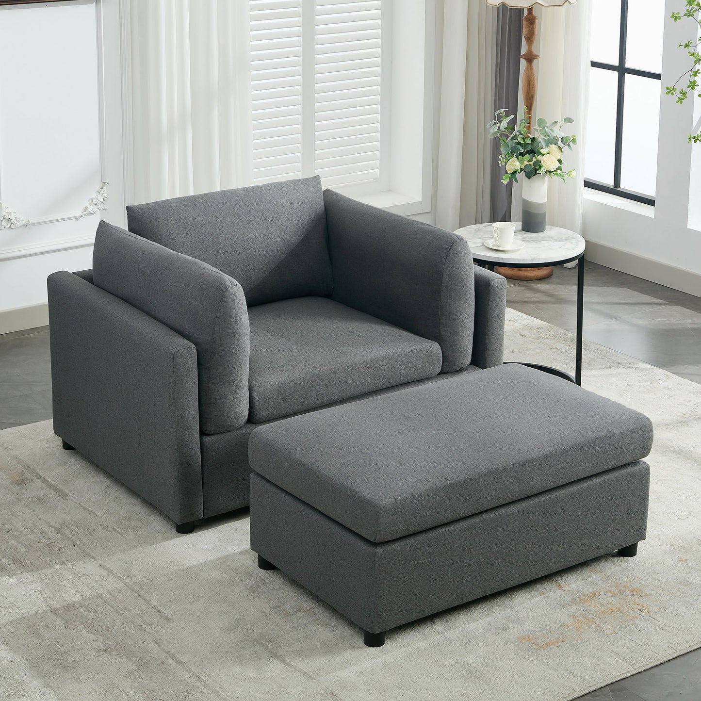 Wide Modern Oversized Armchair With Ottoman Stool, Single Sofa With Lumbar Support, Accent Chair