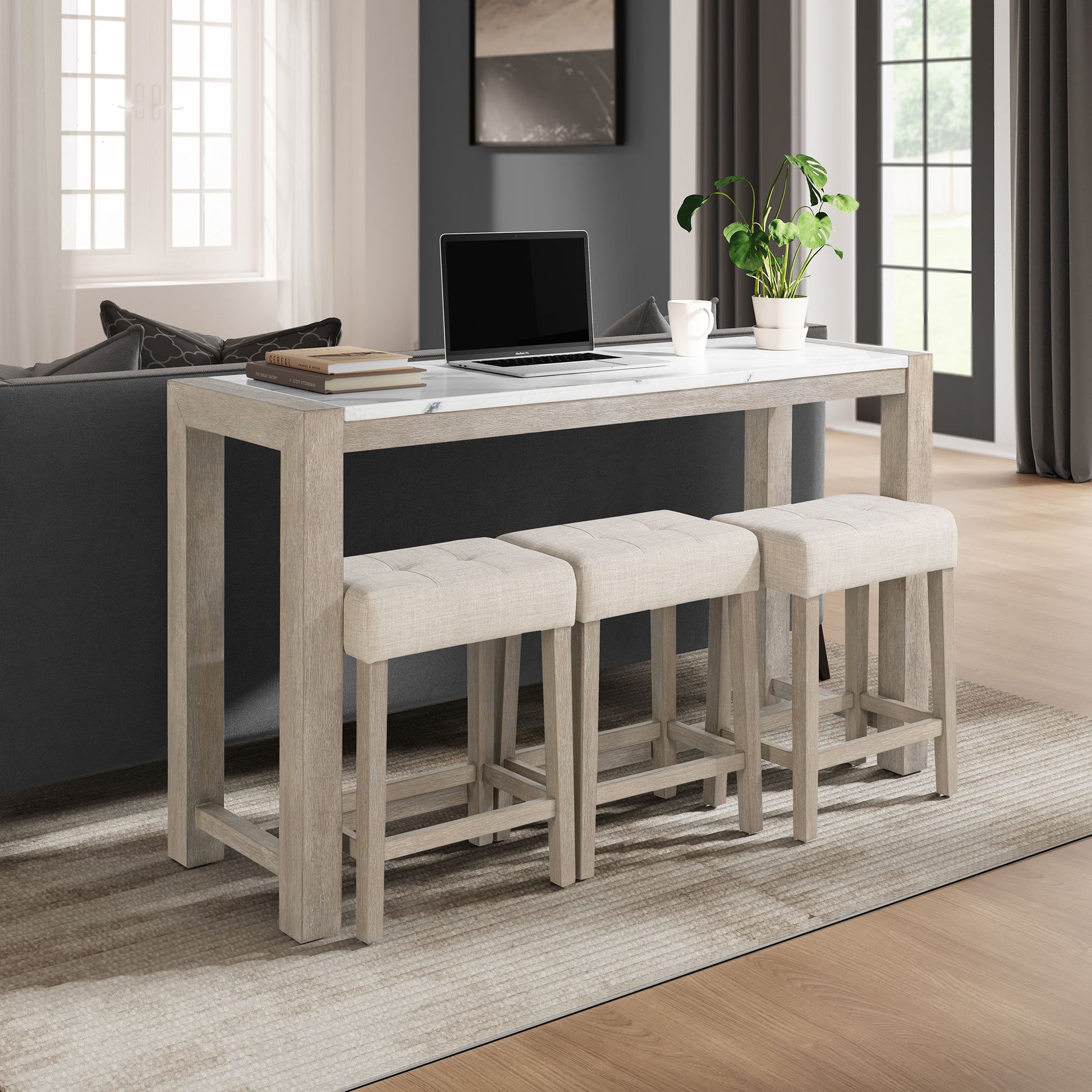 Vanilla - Real Marble Sofa Table With Power And 3 Stools - Beige / Natural Global Furniture USA