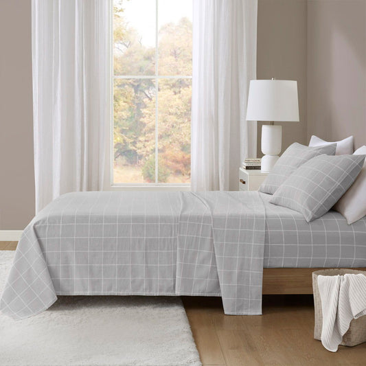 Oversized Cotton Flannel - 4 Piece Sheet Set - Gray Windowpane Beautyrest