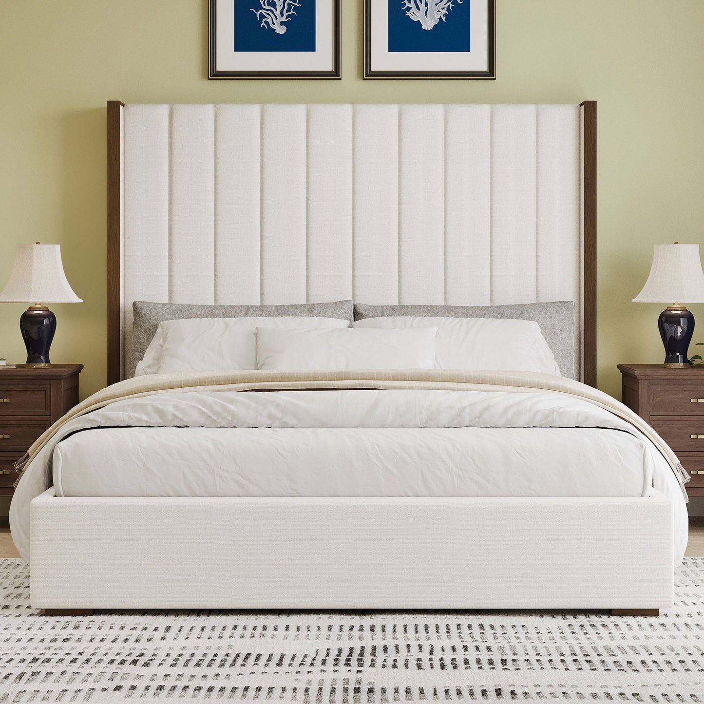 Tall Headboard Upholstered Bed With Vertical Striped And Wingback Design, Box Spring Needed Hearth and Haven