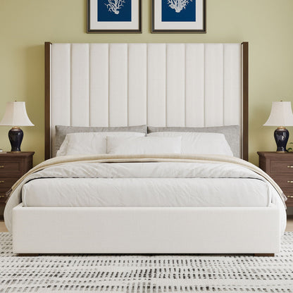 Tall Headboard Upholstered Bed With Vertical Striped And Wingback Design, Box Spring Needed Hearth and Haven
