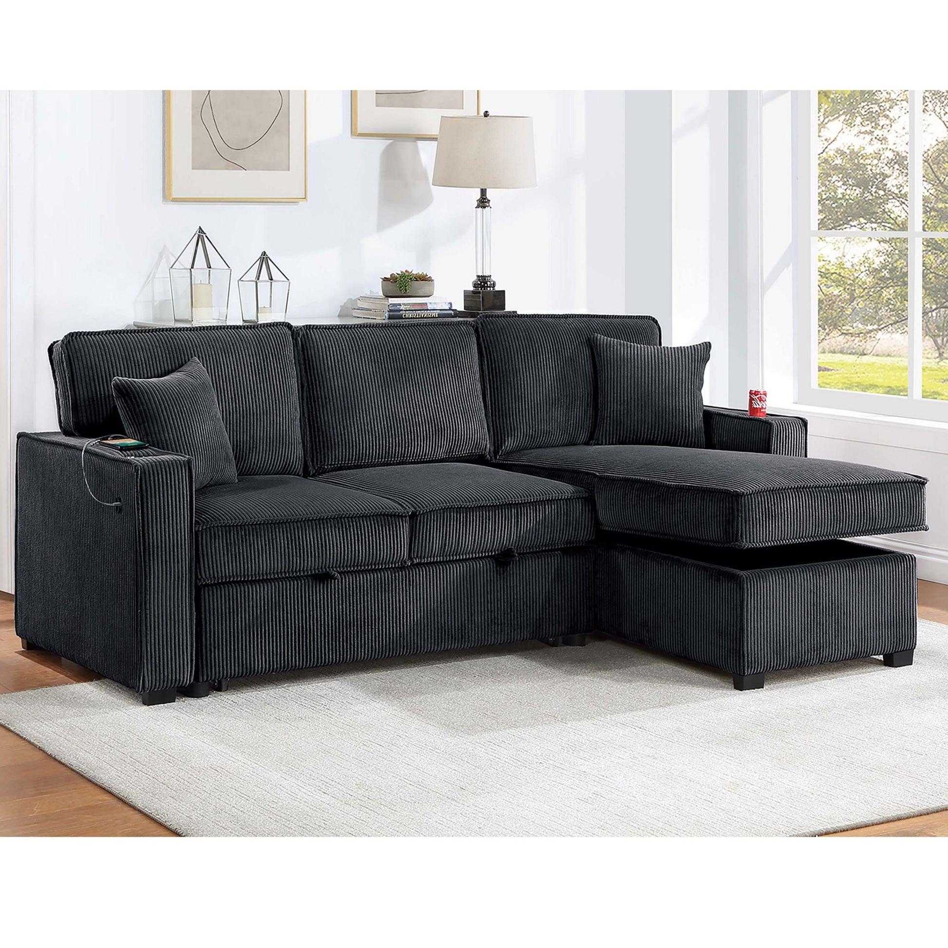 Convertible Sectional With USB / USB - C Port, Storage Chaise, Pull-Out Bed Home Essentials