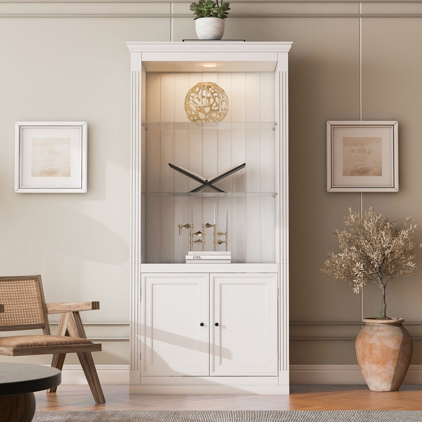 Retro Style Display Bookcase With Adjustable LED Ceiling Light And Tempered Glass Shelves - White Hearth and Haven