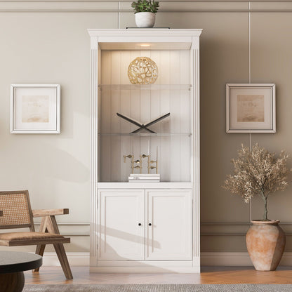 Retro Style Display Bookcase With Adjustable LED Ceiling Light And Tempered Glass Shelves - White Hearth and Haven