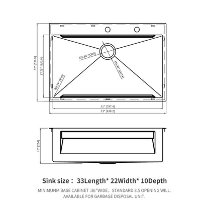 33" Drop In Kitchen Sink Single Bowl 16 Gauge Stainless Steel Ledge Workstation - Black Daily Nest