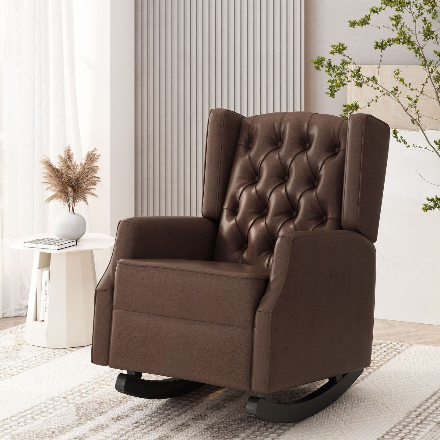 Amedou - Contemporary Tufted Wingback Rocking Chair - Dark Brown Noble House