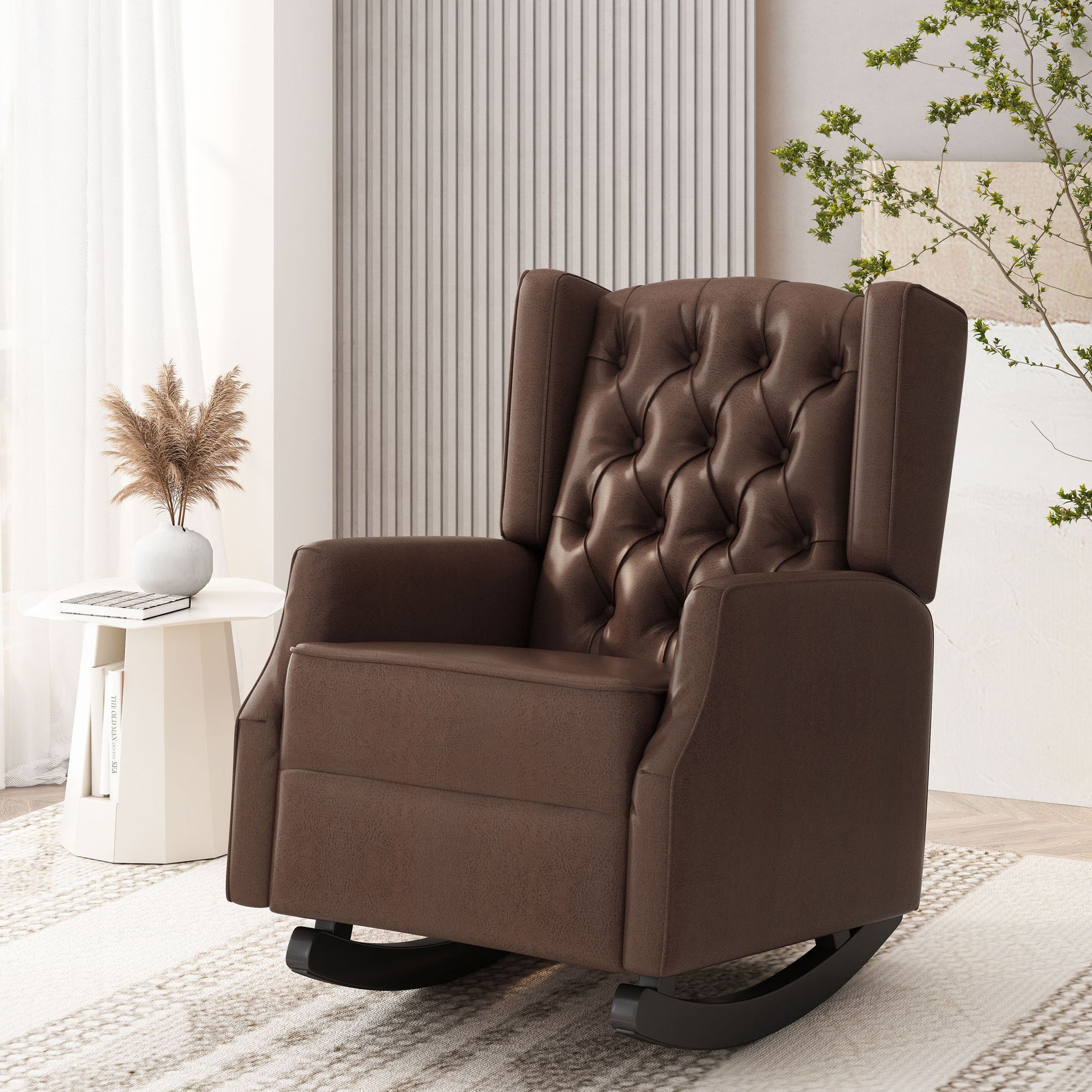 Amedou - Contemporary Tufted Wingback Rocking Chair - Dark Brown Noble House