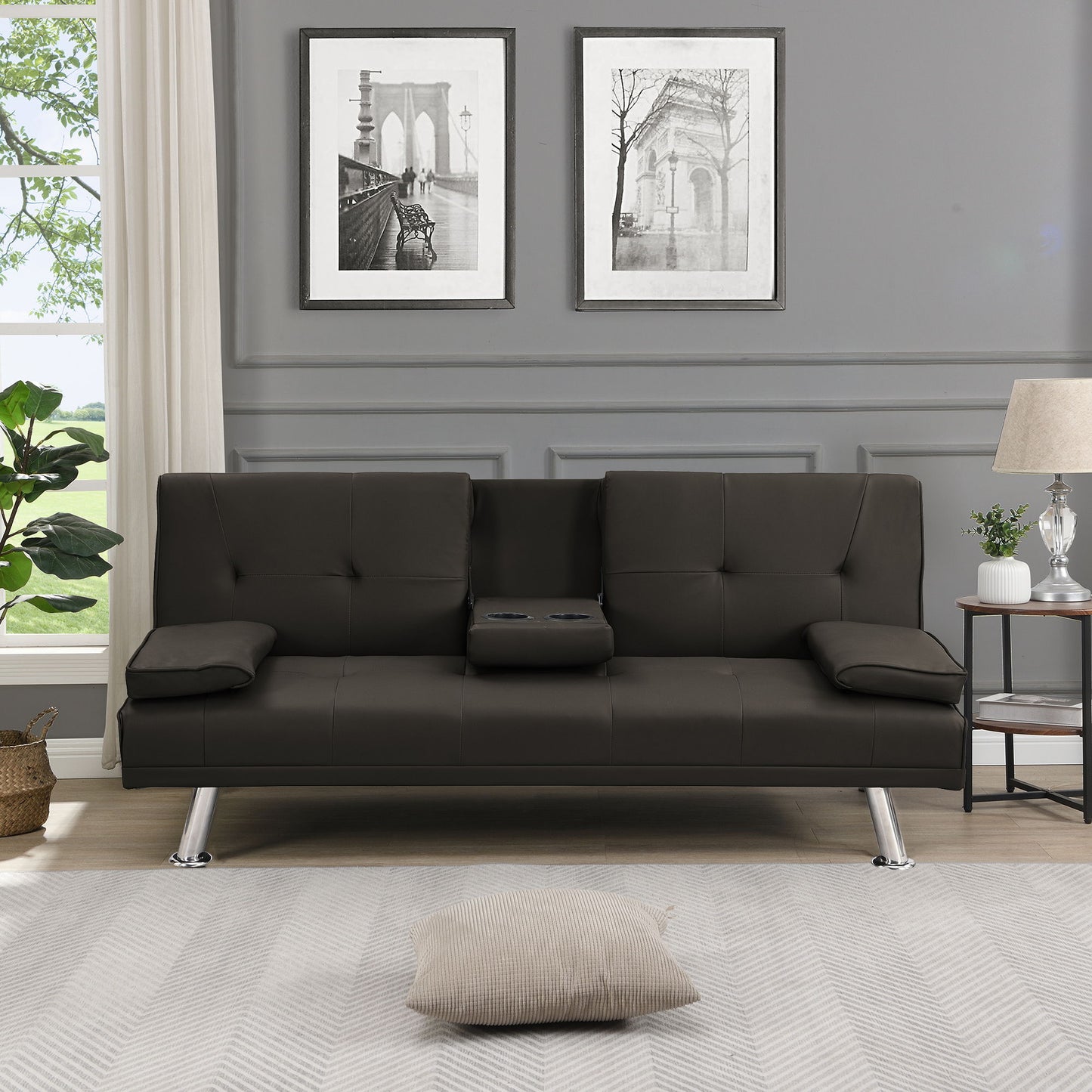 Modern Sofa Bed With Armrest 2 Holders, Wood Frame & Stainless Leg Home Essentials