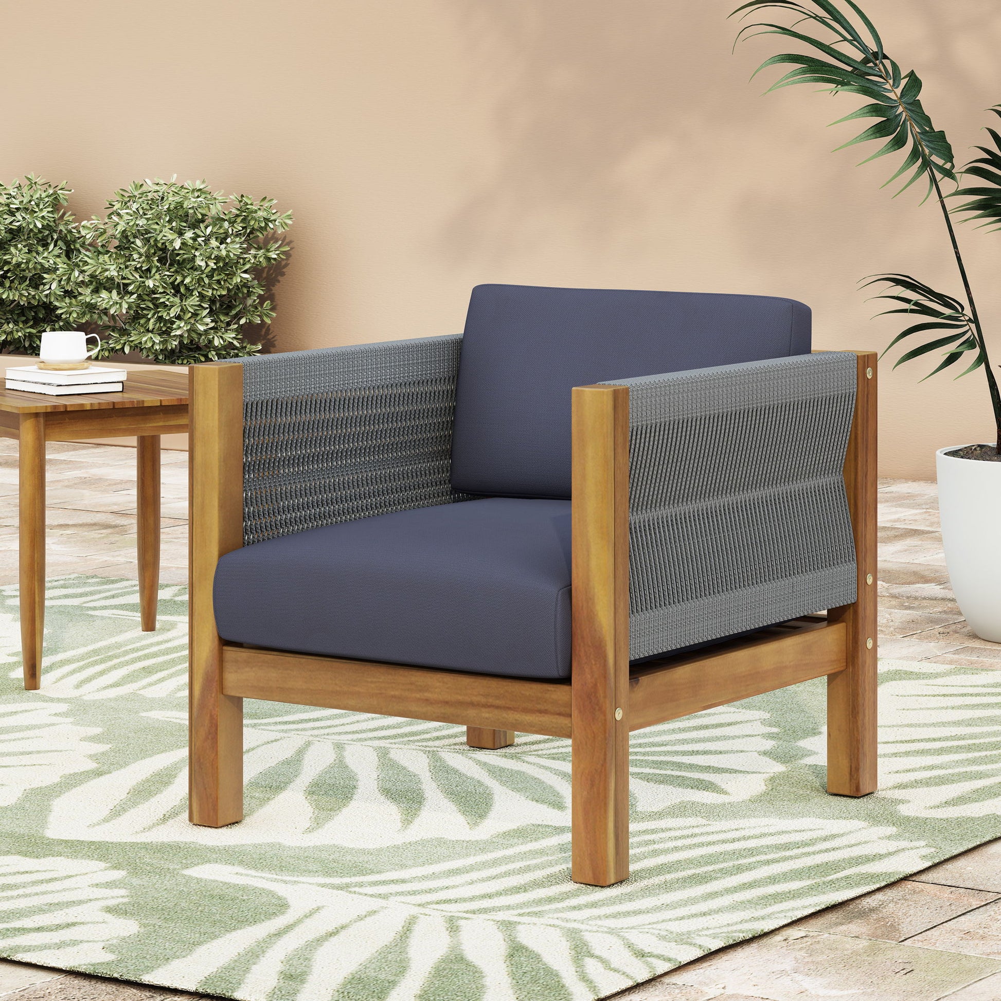 Outdoor Club Chair With Rattan Rope Wave - Dark Gray Noble House