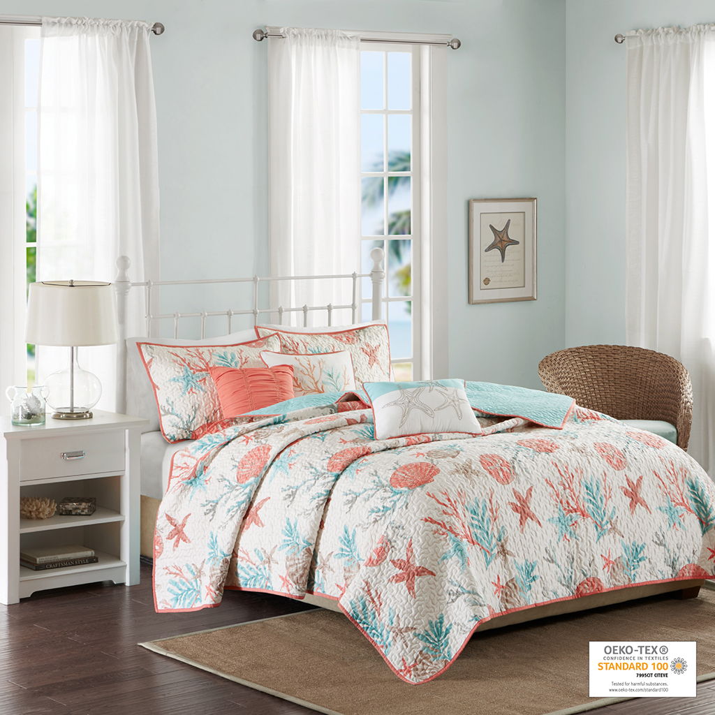 Pebble Beach - 6 Piece Reversible Coverlet Set - Coral