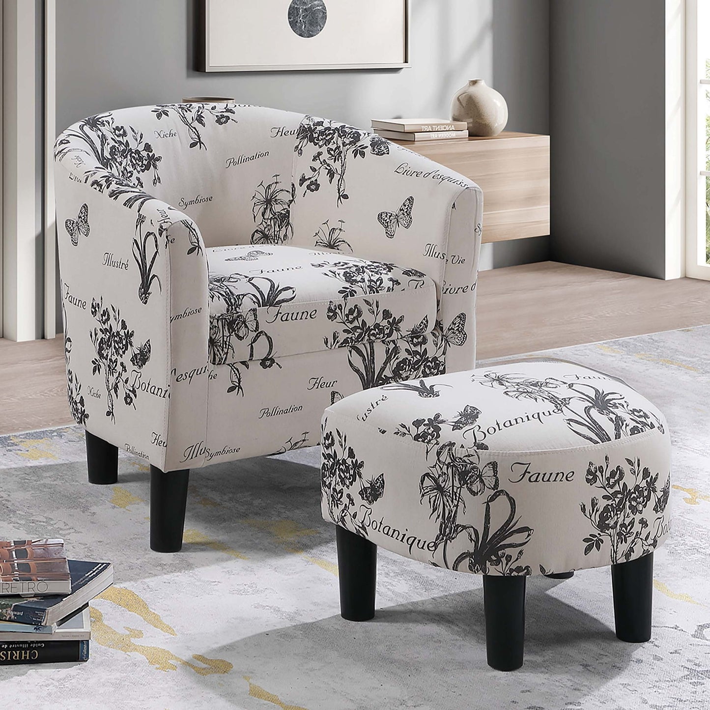 Accent Chair With Matching Ottoman Upholstered Round Backrest, Seating Set - Off White / White Home Essentials