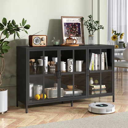 Modern Heavy Duty Metal Sideboard Buffet Cabinet With Storage, Adjustable Feet, Glass Doors, Steel - Black Home Essentials