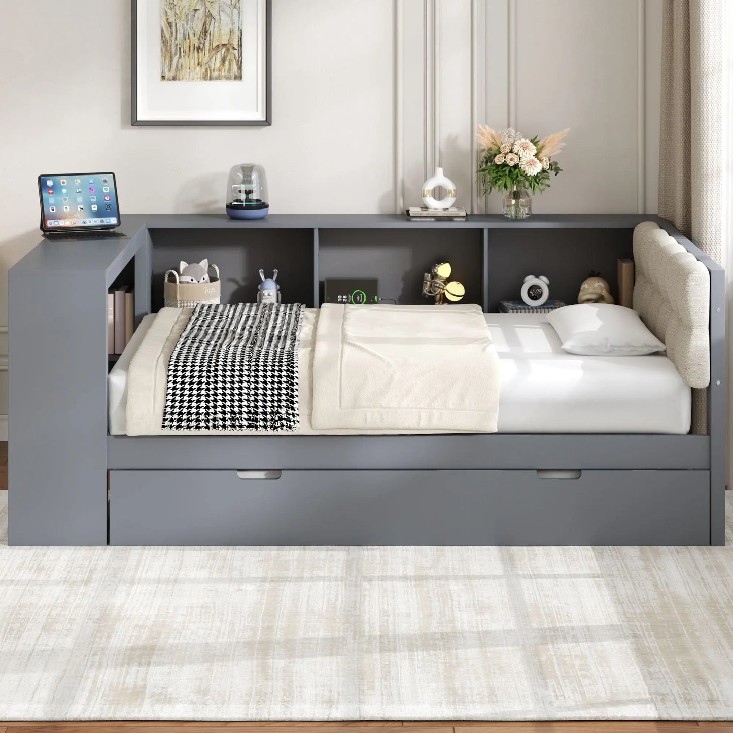 Upholstered Headboard Platform Bed With Storage Shelves, Trundle, Charging Station Hearth and Haven
