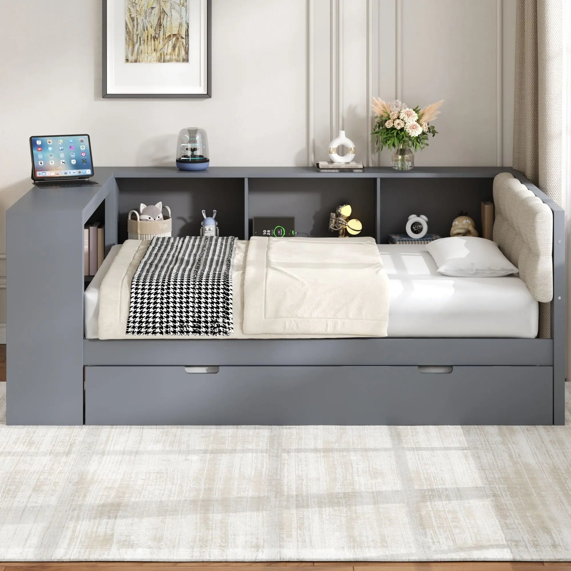 Upholstered Headboard Platform Bed With Storage Shelves, Trundle, Charging Station Hearth and Haven