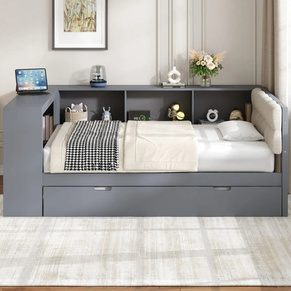 Upholstered Headboard Platform Bed With Storage Shelves, Trundle, Charging Station Hearth and Haven