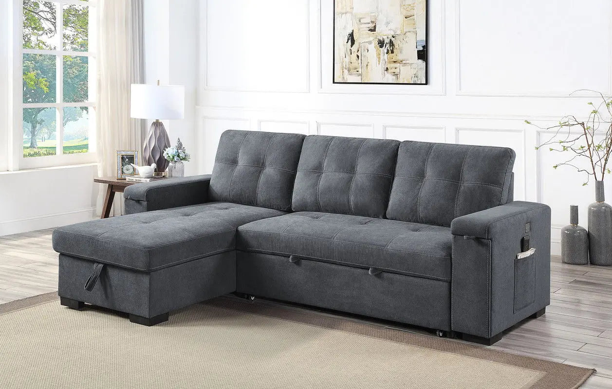 Toby - Woven Fabric Reversible Sleeper Sectional Sofa With Storage Chaise Cup Holder Charging Ports And Pockets Lilola Home
