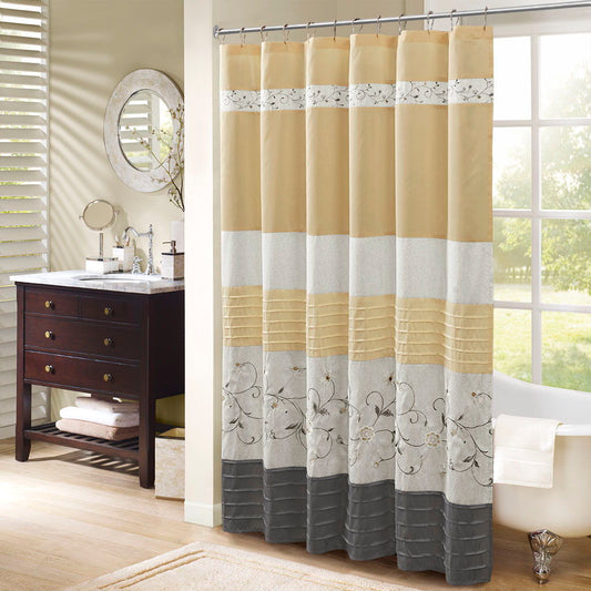 Serene - Embroidered Floral Shower Curtain - Yellow