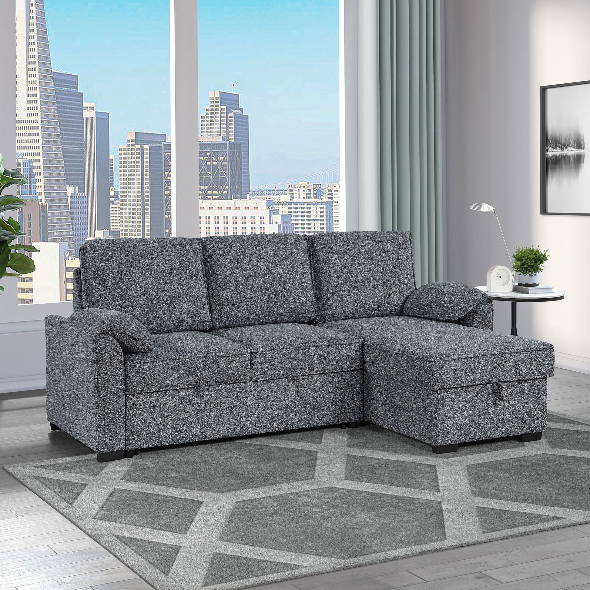 Rebecca - Sofa With Pull Out Bed, Storage Chaise, USB And Cup Holders - Dark Gray Global Furniture USA
