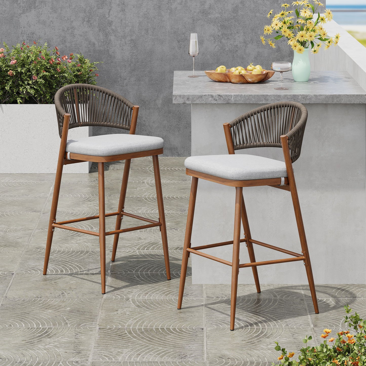 Outdoor Bar Height Metal Frame Counter Stools With Scallop Shaped Backrest & Water Resistant Cushions Noble House