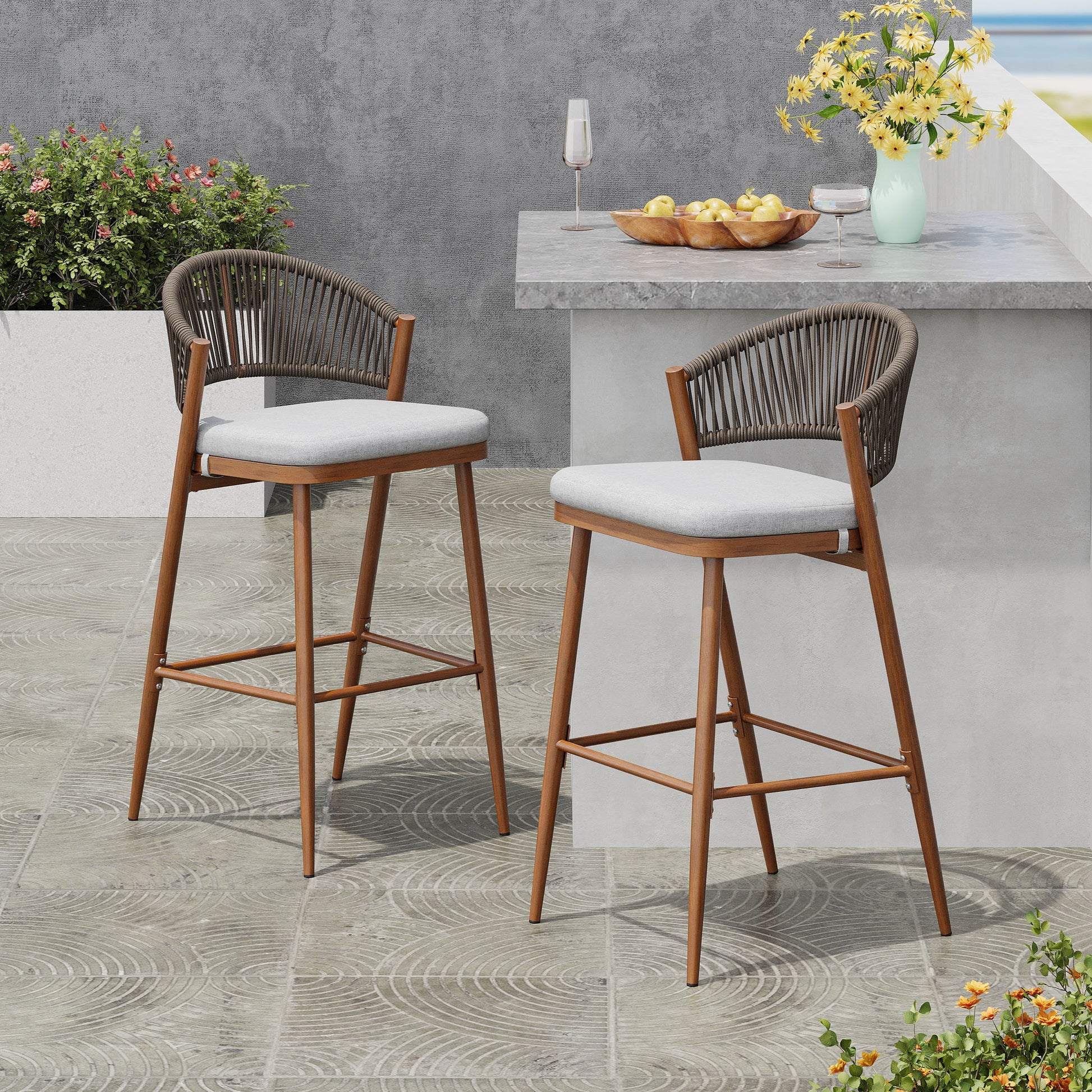 Outdoor Bar Height Metal Frame Counter Stools With Scallop Shaped Backrest & Water Resistant Cushions Noble House