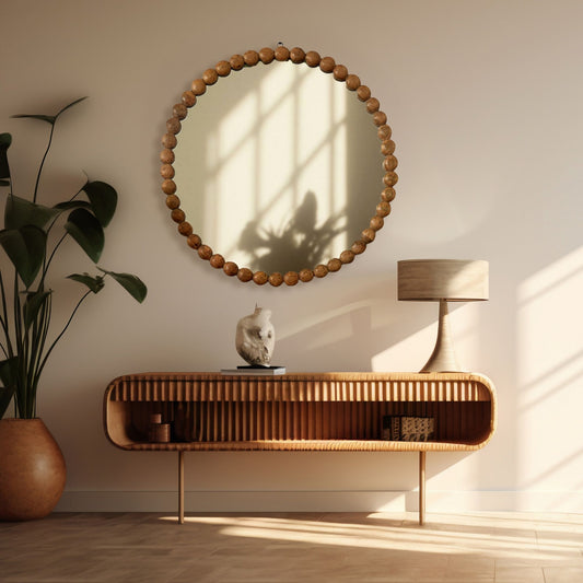 Decorative Round Hanging Wall Mirror With Bead Design Frame - Natural Daily Nest